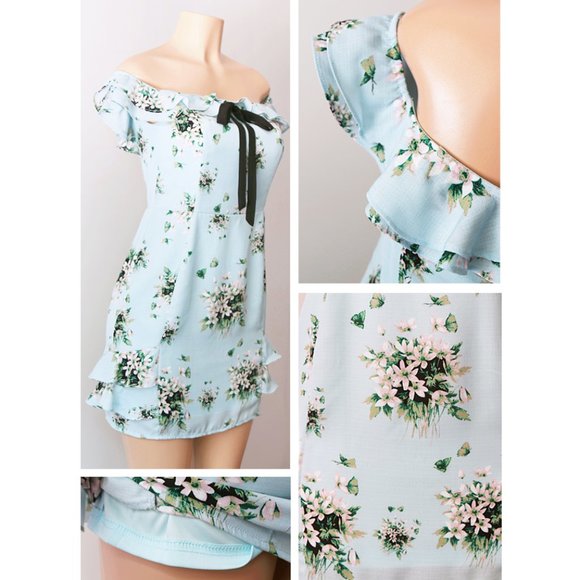 Light Blue Floral Ruffle Off Shoulder Bow Dress - Picture 6 of 9